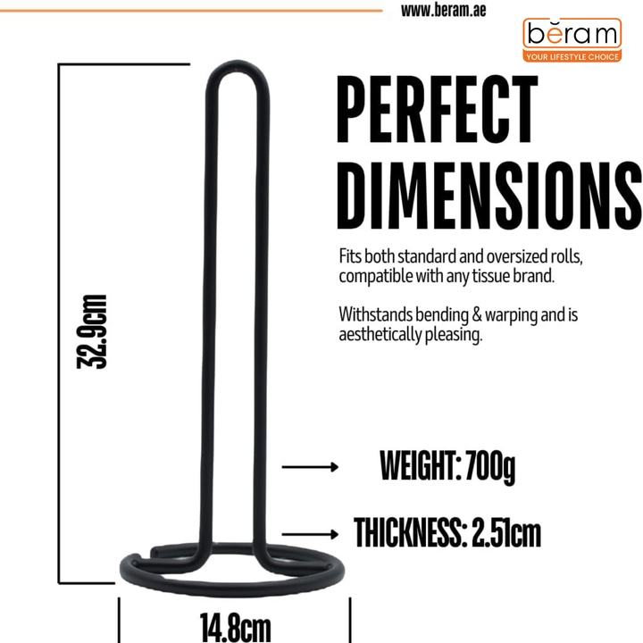 BERAM Tissue Holder for Kitchen Standing Premium Iron Black Paper Towel Stand Elevated Base Aesthetic Counter Top Rack Vertical Roll Stand for Hotels & Homes