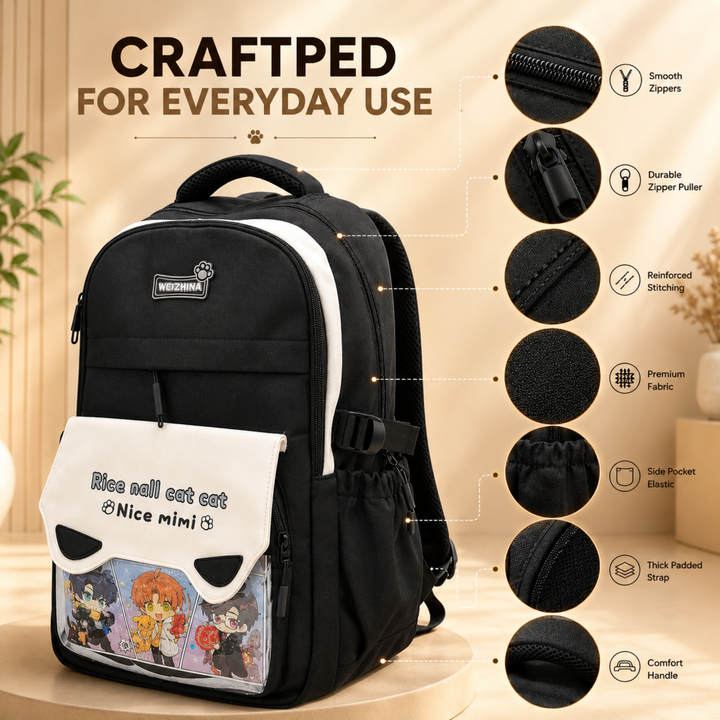 Mimi Meow School Backpack, Cute Cat Water-Resistant Student Backpack with Front Pocket, Lightweight Large Capacity School Bag with Side Bottle Pockets for School & Travel