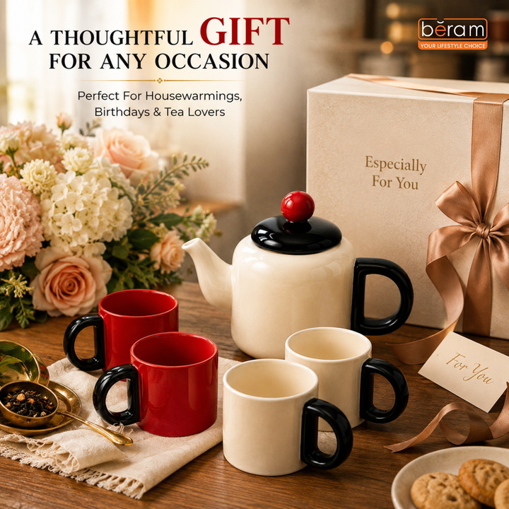 BERAM Ceramic Tea Set 1 Liter Teapot Set with 140ml Cups 6 Pieces Set Removable Stainless Steel Infuser Decorative Tea Set with Gift Packaging Elegant Serveware Tea Party Set Red and White