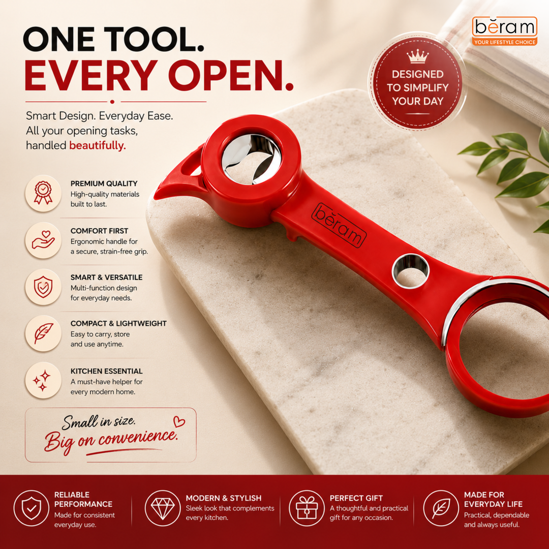 BERAM Can Opener 6-in-1 Multiopener – Multifunctional Jar, Bottle, Pull Tab, and Seal Opener – Ergonomic Lid Opener Tool for Weak Hands and Seniors – Kitchen Essential
