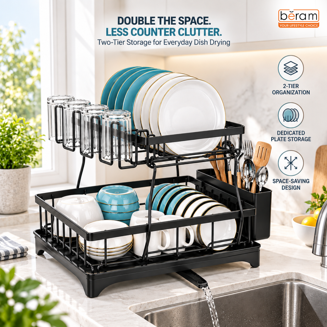BERAM 2-Tier Stainless Steel Dish Drying Rack – Rust-Resistant Kitchen Organizer with Utensil Holder & Drainboard for Countertop Storage – Black