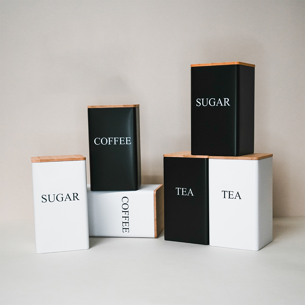 BERAM Metal Tea Coffee Sugar Container Set with Bamboo Lid Airtight Kitchen Storage Jars for Home and Kitchen Tea Box and Coffee Beans Container Set Modern Home Improvement Canisters