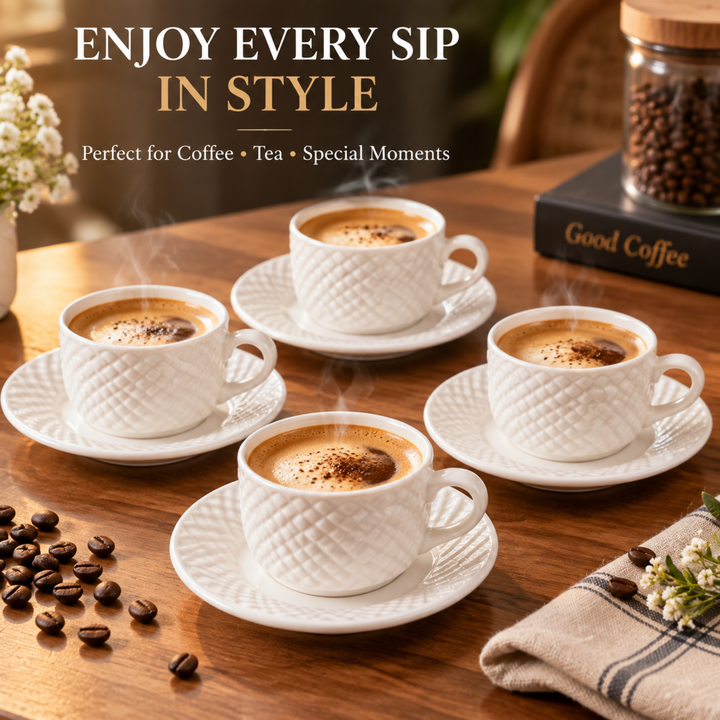 4-Piece White Ceramic Cup and Saucer Set, 390ml Coffee Tea Cups with Diamond Texture & Comfortable Handle, Elegant Drinkware for Home & Office