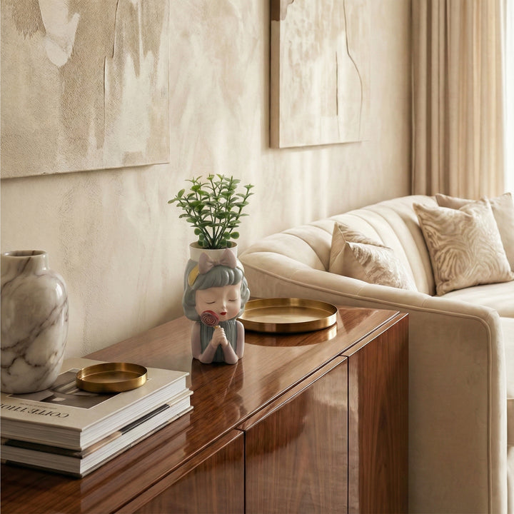 Charming Figurine Set Green Pink Grey Polyresin Decorative Flower Vase Cute Girl Succulent Pot Modern Indoor Home Office Table Decor Propagator Kit Gift Set