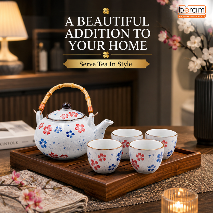 BERAM Porcelain 5 Pieces Tea Set Japanese Inspired Teapots and Cups Wooden Coasters Scratch Resistant Decorative Tea Set with Gift Packaging Multicolor Premium Serveware Home Decor
