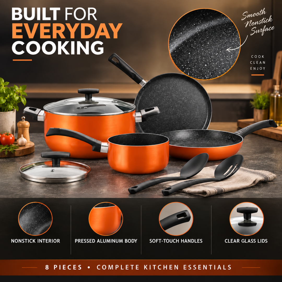 BERGNER ULTRA 8PCS COOKWARE SET, PRESSED ALUMINUM COOKING SET, INDUCTION BOTTOM COOKWARE, MARBLE+ NON-STICK COATING COOKING POTS, SUITABLE FOR ALL STOVES, METALIC ORANGE COLOR