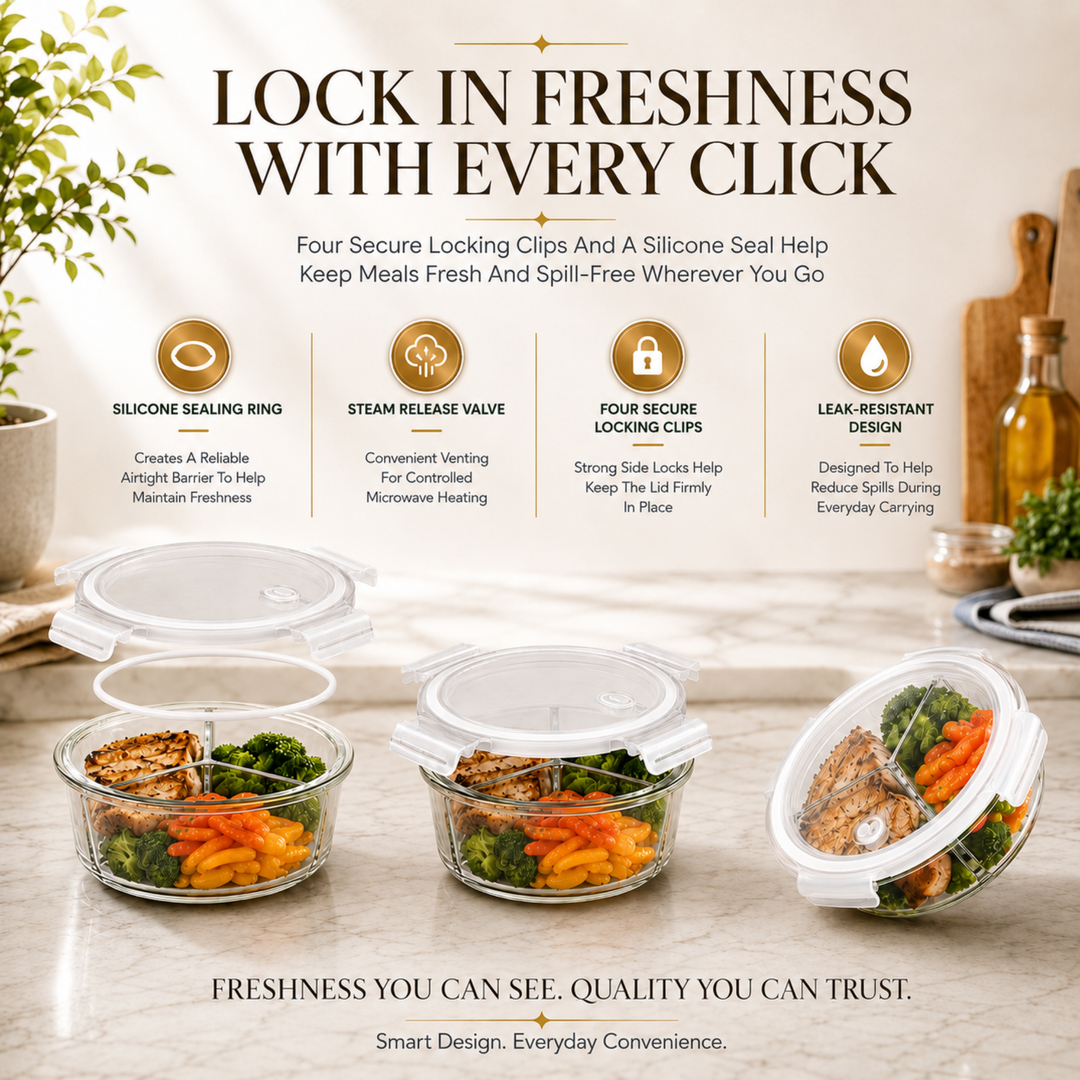 Glass Food Storage Container with Airtight Locking Lid Round 3 Compartment 850ml High Borosilicate Leakproof Meal Prep Lunch Box, Microwave Freezer Refrigerator Safe Glass Container for Food Storage