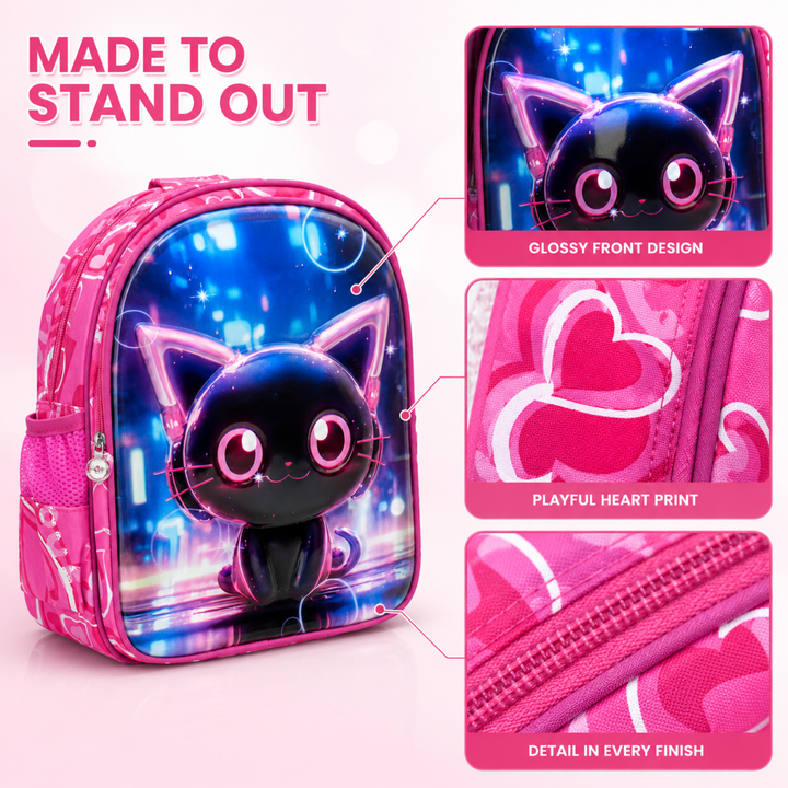 3D-Effect Printed School Backpack – Spacious Multi-Compartment School Bag with Front Zipper Pocket, 2 Side Bottle Pockets, Top Handle, Lightweight Design & Stylish Front Graphic