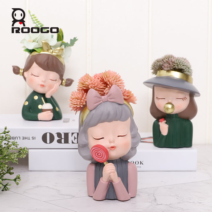 Beram Charming Figurine Set Green Pink Grey Polyresin Decorative Flower Vase Cute Girl Succulent Pot Modern Indoor Home Office Table Decor Propagator Kit Gift Set