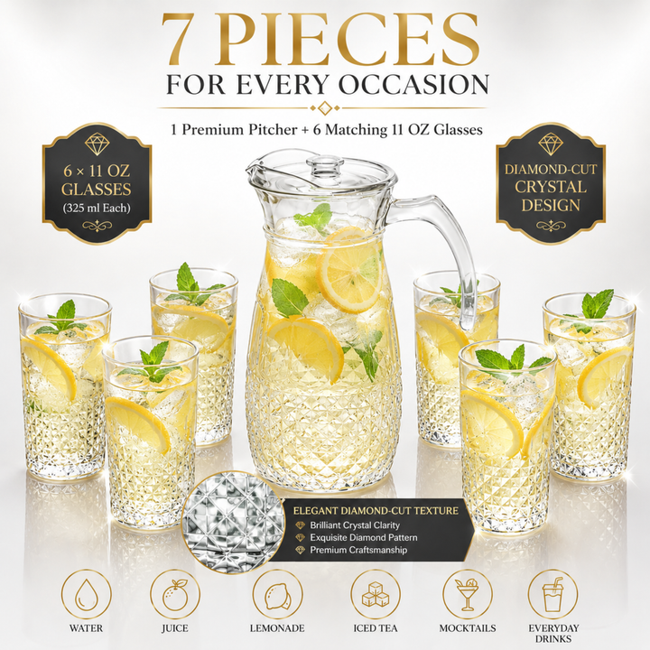 7 Piece Glass Drink Set with Pitcher and 6 Glasses, 11 OZ Drinking Tumblers, Clear Textured Glass Water Juice Beverage Serving Set with Lid, Dishwasher Safe for Home Dining Parties