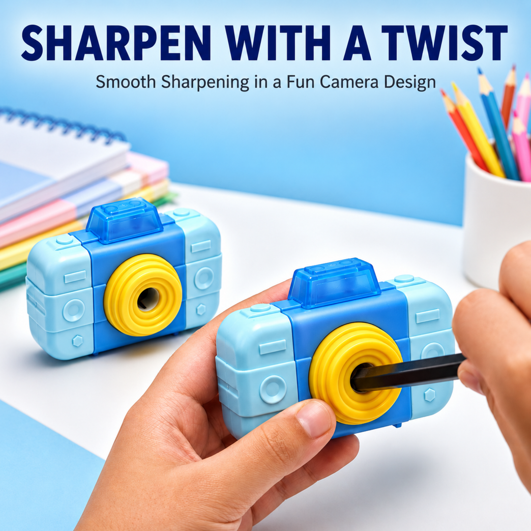 Camera Pencil Sharpener with Eraser, 2-in-1 Camera-Shaped Pencil Sharpener and Eraser, Cute Stationery Sharpener for School, Office, Study, Drawing and Everyday Use