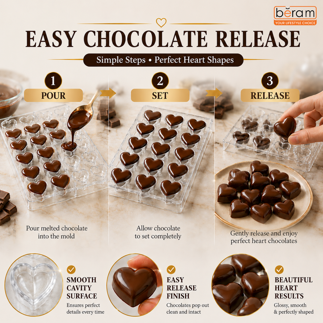 Beram Heart Shape Polycarbonate Chocolate Mold Transparent Durable Food Grade Non Stick Reusable Candy Mould for Making Heart Chocolates Desserts Jelly and Truffles Easy Release Professional Bakeware