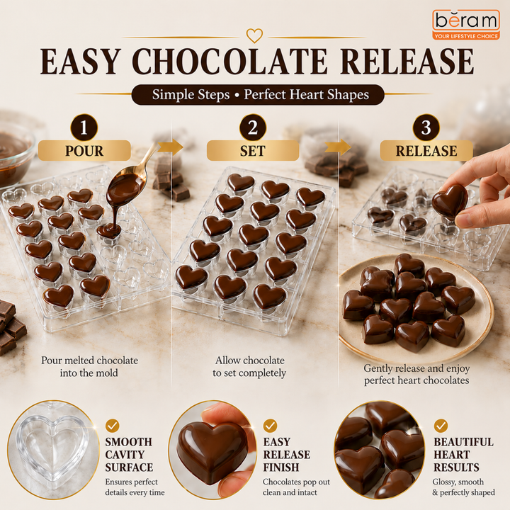 Beram Heart Shape Polycarbonate Chocolate Mold Transparent Durable Food Grade Non Stick Reusable Candy Mould for Making Heart Chocolates Desserts Jelly and Truffles Easy Release Professional Bakeware