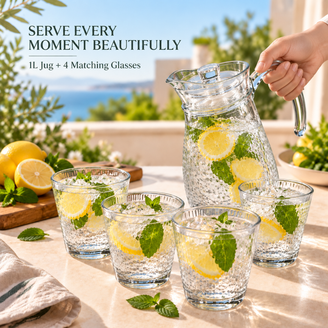 7 Piece Glass Drink Set with Pitcher and 6 Glasses, 11 OZ Drinking Tumblers, Clear Textured Glass Water Juice Beverage Serving Set with Lid, Dishwasher Safe for Home Dining Parties