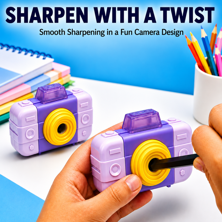 Camera Pencil Sharpener with Eraser, 2-in-1 Camera-Shaped Pencil Sharpener and Eraser, Cute Stationery Sharpener for School, Office, Study, Drawing and Everyday Use