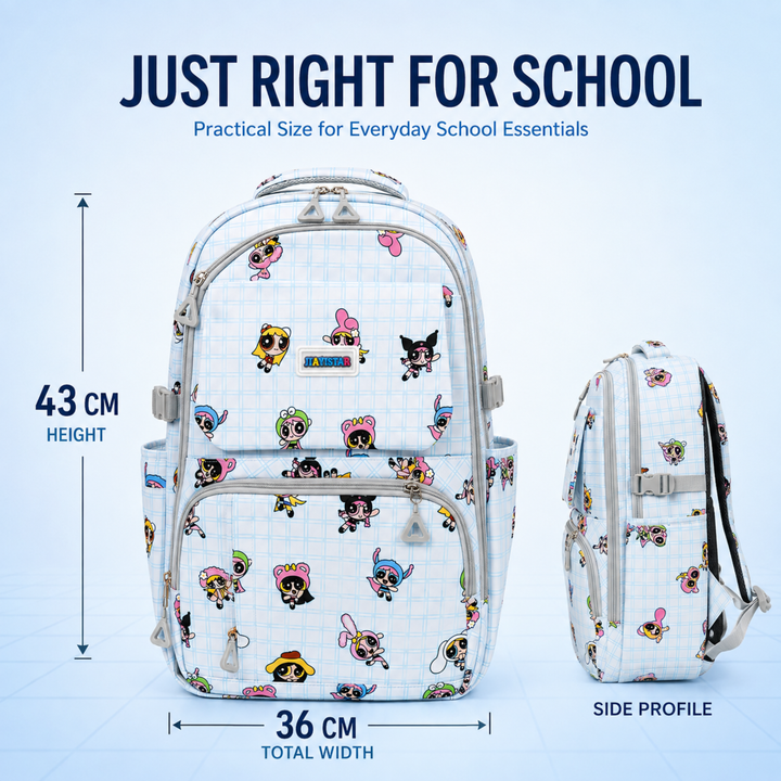 Powerpals School Bag, Lightweight Backpack with Multiple Compartments, Front Utility Pocket, Side Bottle Pockets & Adjustable Shoulder Straps