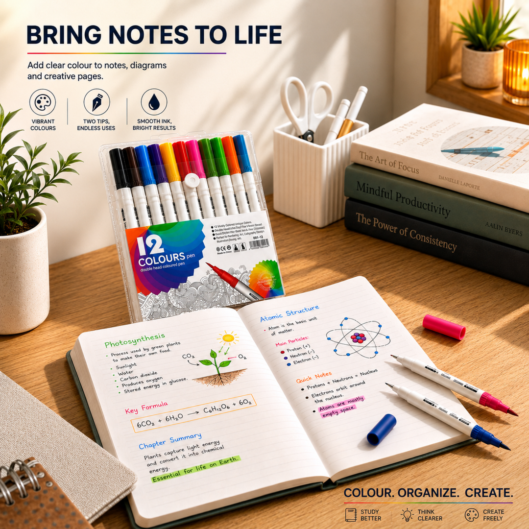 12 Colours Dual Tip Marker Pens Set, Water Based Colouring Pens with 1mm & 2mm Tips, Vibrant Double Head Art Markers for Drawing, Writing, Calligraphy, Illustration, School & Craft