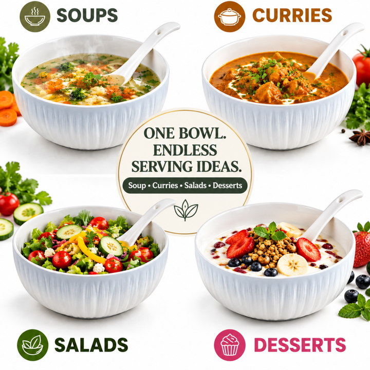 White Ceramic Serving Bowl with Spoon, 20cm Deep Textured Bowl for Soup, Curries, Salads, Desserts & Everyday Food Serving