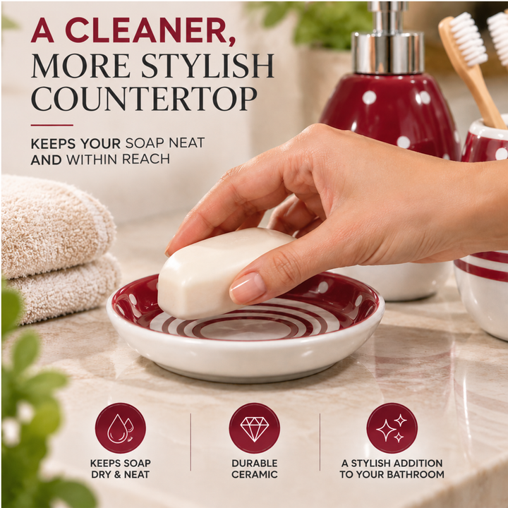 4-Piece Red & White Ceramic Bathroom Accessory Set with Soap Dispenser, Toothbrush Holder, Tumbler & Soap Dish, Polka Dot & Striped Design