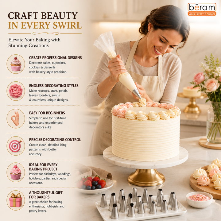 BERAM 24 Pieces Piping Nozzles Stainless Steel Cake Decorating Tools Icing Nozzle Set with Box Cake Decorating Pastry Set Nozzle Tips for Buttercream Frosting Cupcakes Cookies Fondant Designs