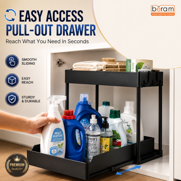 Beram Under Sink Organizer 2-Tier Sliding Cabinet Shelf Rack with Pull Out Drawer Hooks Double Layer Bathroom Kitchen Bedroom Countertop Storage Rack Space Saving Organizer Black