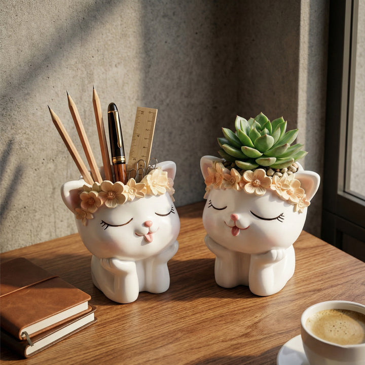 Fantasy 2PCS Flower Pot Set Kitty and Panda Polyresin Cute Animal Succulent Planters with Flower Crown Decorative Mini Vase Indoor Outdoor Home Office Desk Decor Pen Pencil Holder Propagator Kit
