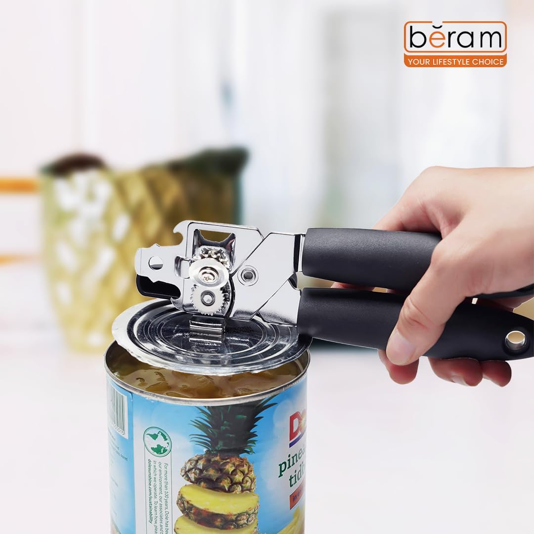 BERAM Manual Can Opener – Heavy Duty Stainless Steel Multi-Opener with Built-In Bottle Opener – Anti-Slip Grip, Large Turn Knob – Black & Silver Handheld Kitchen Tool