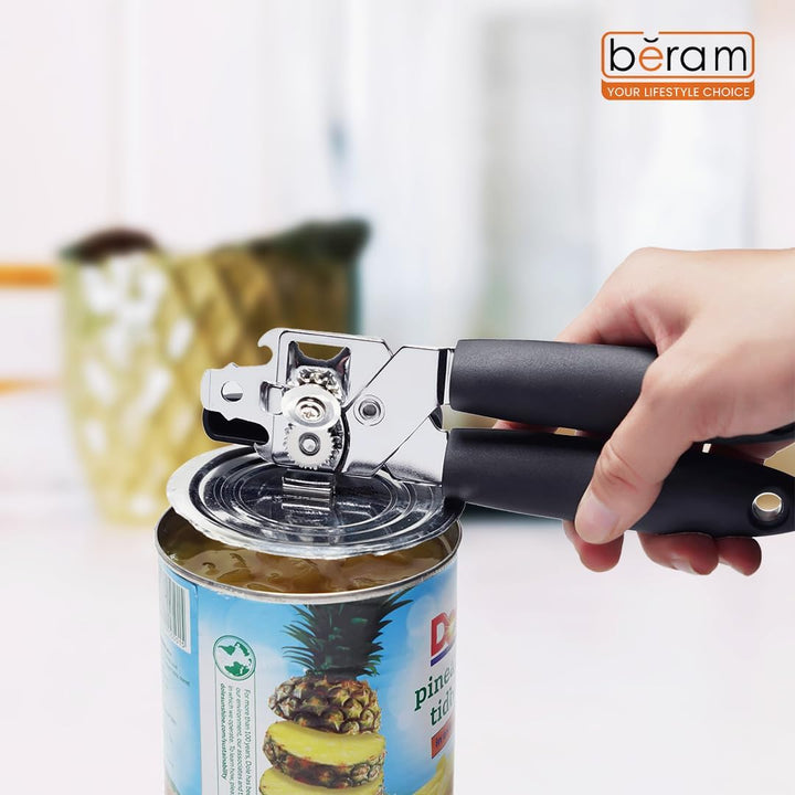 BERAM Manual Can Opener – Heavy Duty Stainless Steel Multi-Opener with Built-In Bottle Opener – Anti-Slip Grip, Large Turn Knob – Black & Silver Handheld Kitchen Tool
