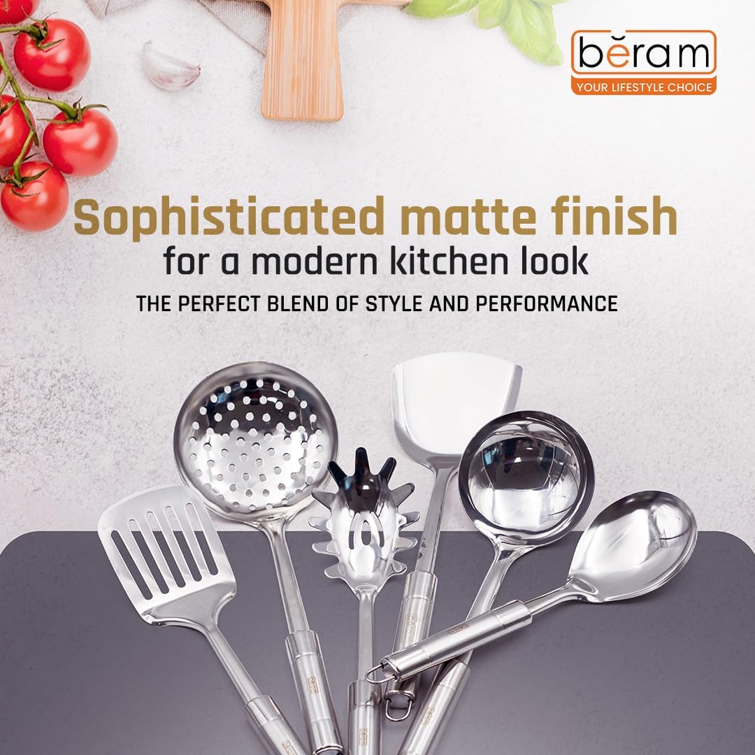 BERAM Stainless Steel Cooking Utensils Set – 6-Piece Kitchen Tool Set with Pasta Server, Turner, Spatula, Skimmer, Rice Scoop & Soup Ladle – Durable Matte Silver Cookware Utensils