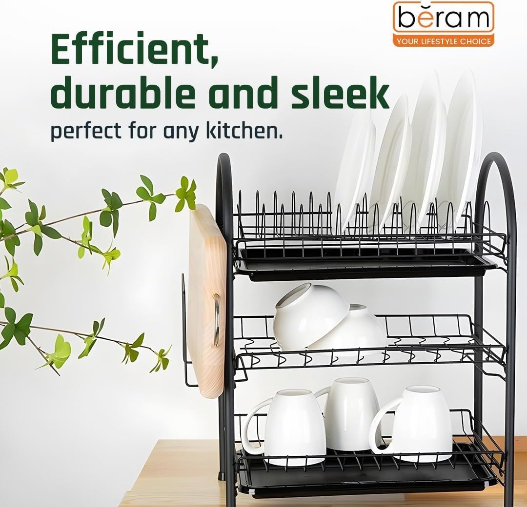 BERAM 3-Tier Dish Drying Rack – Large Capacity Kitchen Organizer with Utensil Holder, Knife Block, Cutting Board Rack & Drip Tray – Rust-Proof Dish Drainer Stand – Black
