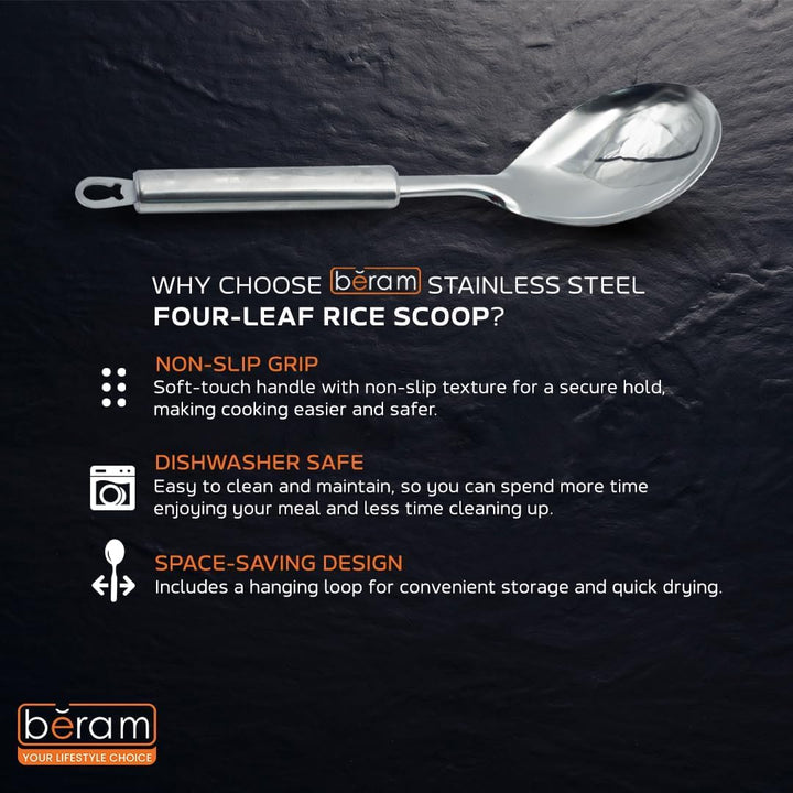 BERAM Stainless Steel Cooking Utensils Set 6 Pieces Four Leaf Design Handles Spatula Turner Rice Scoop Pasta Server Skimmer Soup Ladle Kitchen Tools for Daily Use
