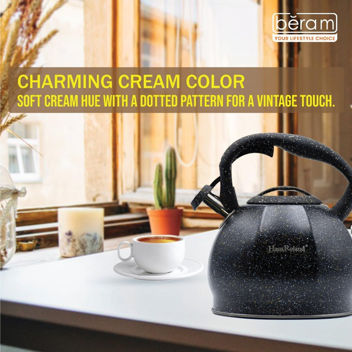 Haus Roland Whistling Kettle, Stovetop Tea Kettle, Stainless Teapot, 3 Liters with Dotted Grain Handles, Fast Boiling, Perfect for Homes, Picnics, and Parties