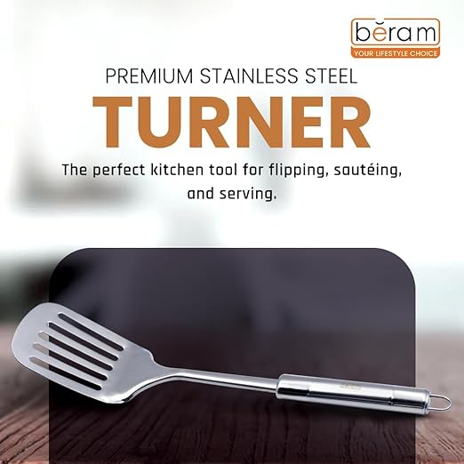 BERAM Stainless Steel Cooking Utensils Set – 6-Piece Kitchen Tool Set with Pasta Server Turner Spatula Skimmer Rice Scoop & Soup Ladle – Durable Matte Silver Cookware Utensils