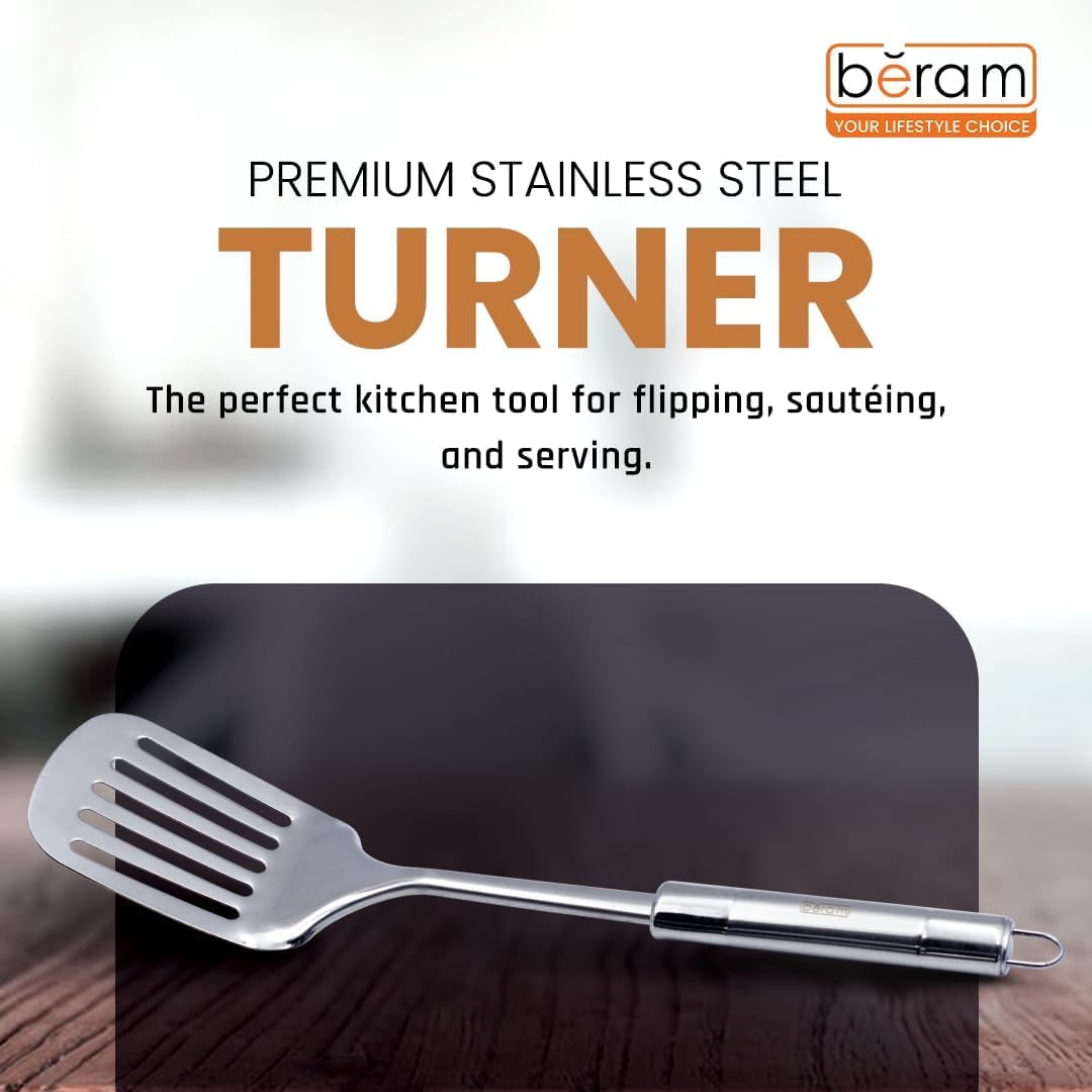 BERAM Stainless Steel Cooking Utensils Set – 6-Piece Kitchen Tool Set with Pasta Server Turner Spatula Skimmer Rice Scoop & Soup Ladle – Durable Matte Silver Cookware Utensils