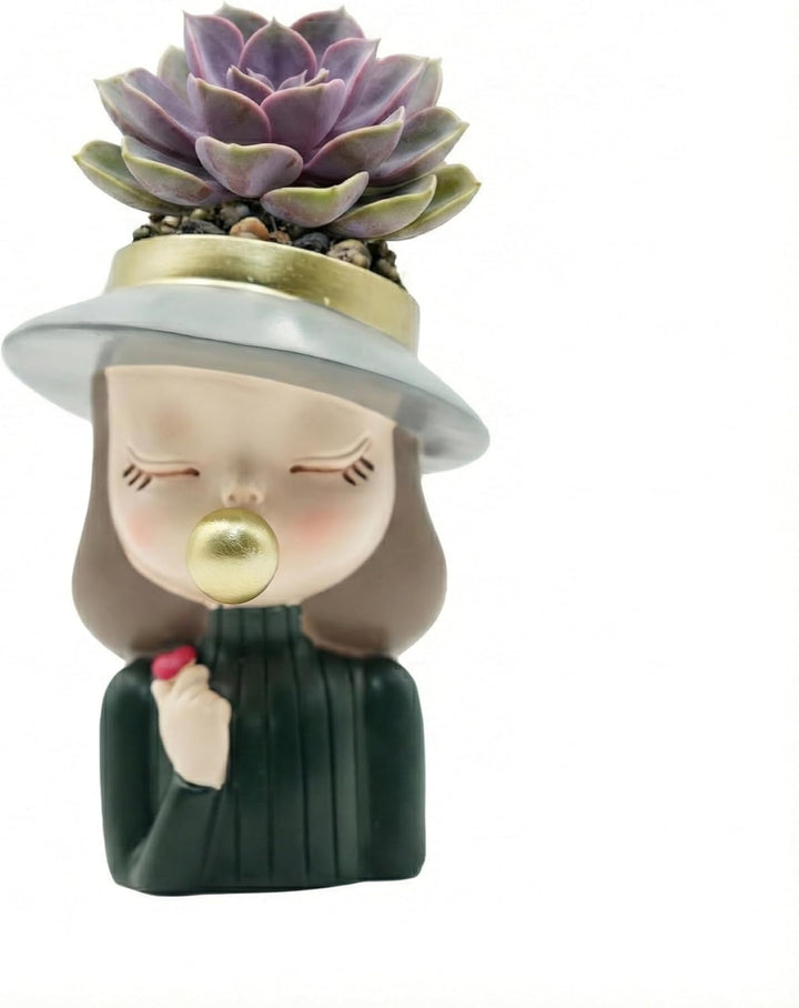 Charming Figurine Set Green Pink Grey Polyresin Decorative Flower Vase Cute Girl Succulent Pot Modern Indoor Home Office Table Decor Propagator Kit Gift Set