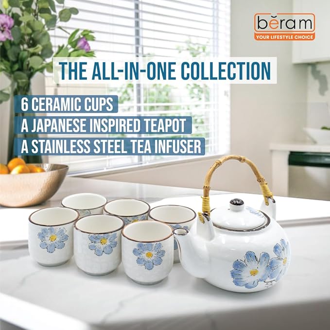 BERAM Porcelain Tea Sets 5 Pieces Set with Unique Handles Japanese Inspired Teapot and Cups Set Scratch Resistant Decorative Tea Set with Gift Packaging Tea Party Set Blue