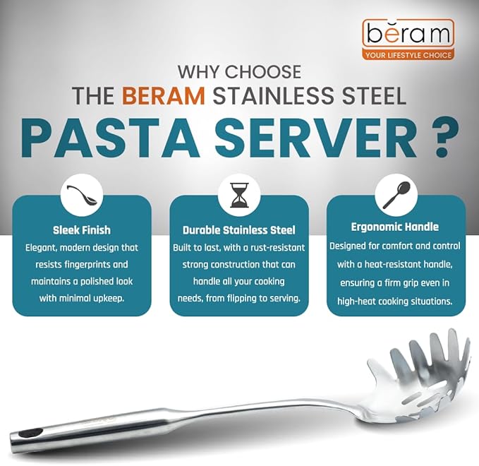 BERAM Stainless Steel Pasta Server Cooking Utensil Kitchen Tool Spatula Cooking Spoon Food Grade Compact Lightweight Spaghetti and Noodle Clamps