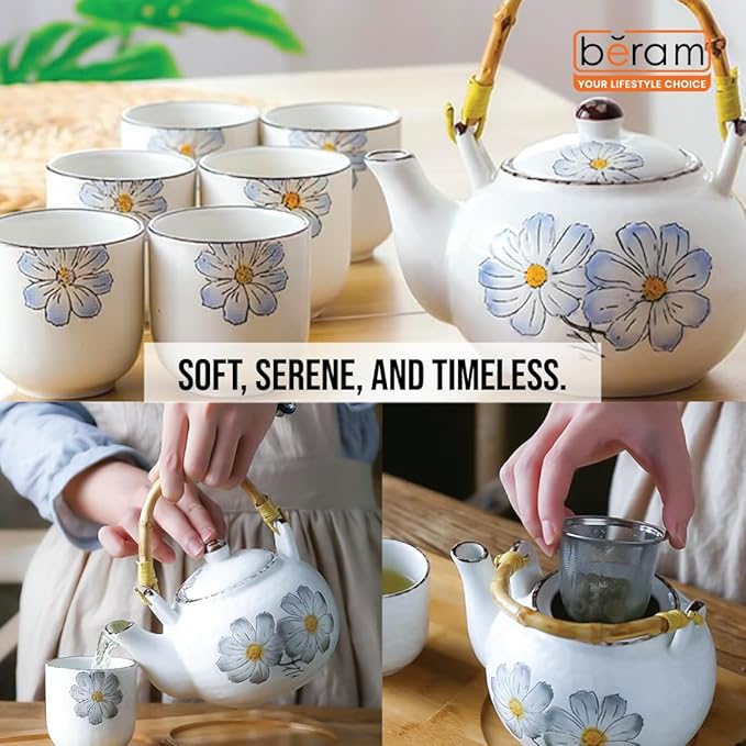 BERAM Porcelain Tea Sets, 5 Pieces Set with Unique Handles, Japanese Inspired Teapot and Cups Set, Scratch Resistant Decorative Tea Set with Gift Packaging, Tea Party Set  Grey