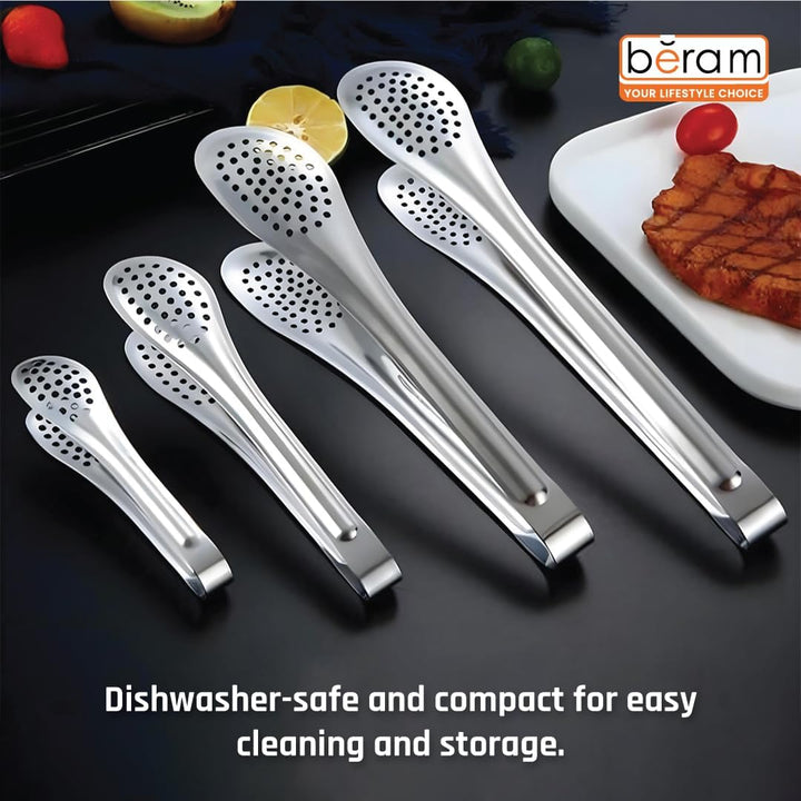 BERAM 304 Stainless Steel Tongs Set of 4 Sizes 6,7,9,12 inch Multipurpose Kitchen Tongs for Salad Toast BBQ Frying Buffet Steak and Food Serving Durable Non Slip Grip Metal Forceps Silver