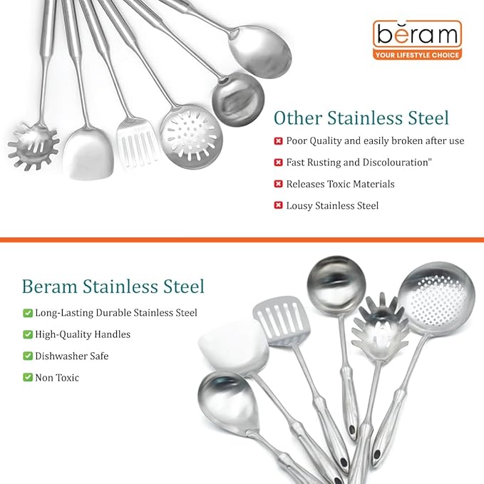 BERAM Honor Cooking Utensils Set, 304 Stainless Steel, 6 Pieces, Soup Spoon, Spatula, Slotted Turner, Rice Scoop, Pasta Server, Skimmer, Food Grade, Kitchen Tools