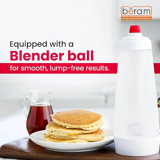 BERAM Pancake Batter Mixer with Wire Whisk Ball 1 Litre Handheld Batter Dispenser 2in 1 Baking Tool Bottle Shaker for Cupcakes Pancakes Crepes Waffles Muffins Cake Mix for Home Kitchen