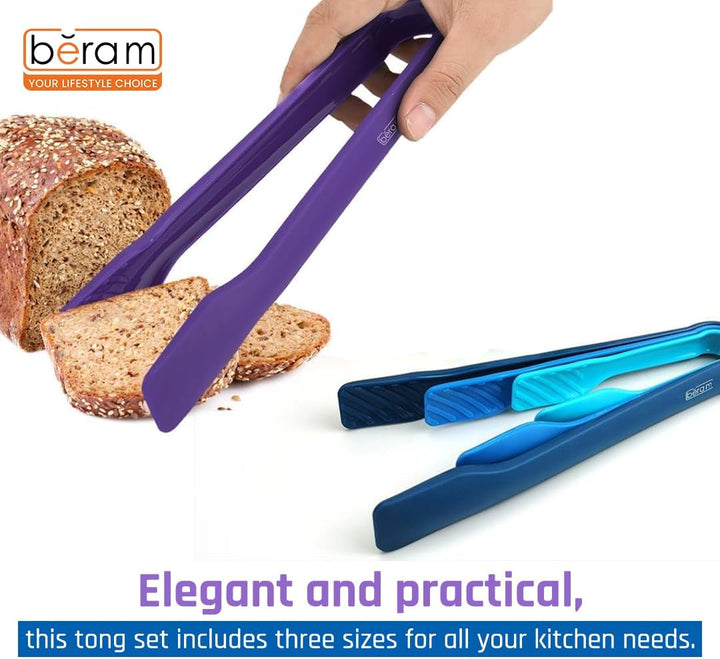 BERAM Plastic Kitchen Tongs Set of 3 Food Serving and BBQ Tongs for Bread Salad Fruit Buffet and Grilling Durable BPA Free Reusable Utility Tongs for Home Party and Daily Use