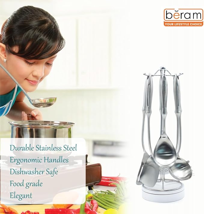BERAM Honor Cooking Utensils Set, 304 Stainless Steel, 6 Pieces, Soup Spoon, Spatula, Slotted Turner, Rice Scoop, Pasta Server, Skimmer, Food Grade, Kitchen Tools