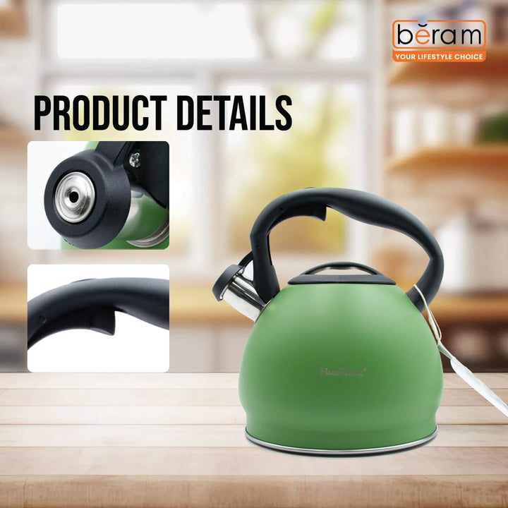 Haus Roland Whistling Kettle, Stainless Steel Tea Kettle, 3 Liters, Whistling Teapot, Ergonomic Handle Teapot, Lid with Nylon Knob, Suitable For Induction and Gas., Full Matte Design