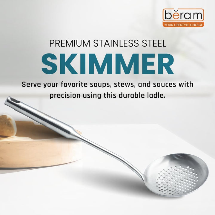 BERAM Stainless Steel Plain Handle Cooking Set, 304 Utensils Set of 6 with Stand – Pasta Server, Rice Scoop, Turner, Spatula, Soup Ladle, Skimmer – Kitchen Tools for Daily Use