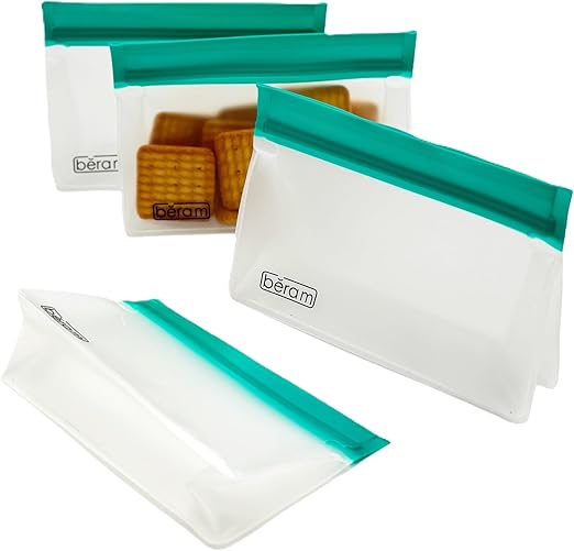 BERAM Reusable Storage Bags Standing Ziploc Containers Dishwasher Safe Leak Proof BPA Free PEVA Material Freezer Safe Lunch and Sandwich Bags Food Safe Picnic and Travel Bags