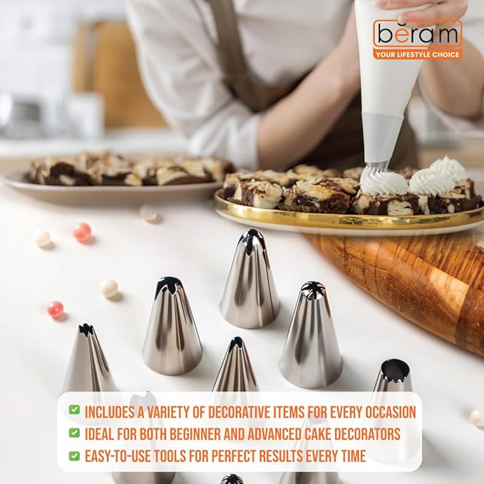 BERAM 46 Piece Cake Decorating Kit Professional Baking Tools Set with Piping Tips Pastry Bags Cake Scrapers Fondant Tools Icing Nozzles Couplers Flower Nails and Accessories for Cupcakes and Cakes