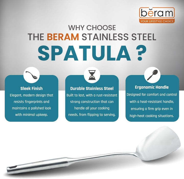 BERAM Stainless Steel Plain Handle Cooking Set, 304 Utensils Set of 6 with Stand – Pasta Server, Rice Scoop, Turner, Spatula, Soup Ladle, Skimmer – Kitchen Tools for Daily Use