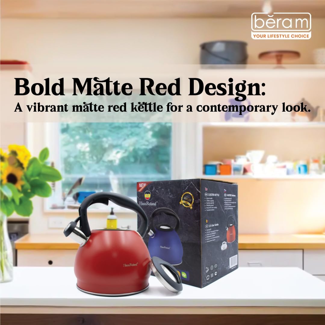 Haus Roland Whistling Kettle, Stainless Steel Tea Kettle, 3 Liters, Whistling Teapot, Ergonomic Handle Teapot, Lid with Nylon Knob, Suitable For Induction and Gas., Full Matte Design