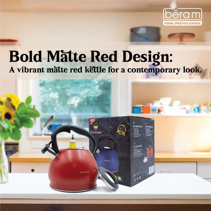 Haus Roland Whistling Kettle, Stainless Steel Tea Kettle, 3 Liters, Whistling Teapot, Ergonomic Handle Teapot, Lid with Nylon Knob, Suitable For Induction and Gas., Full Matte Design